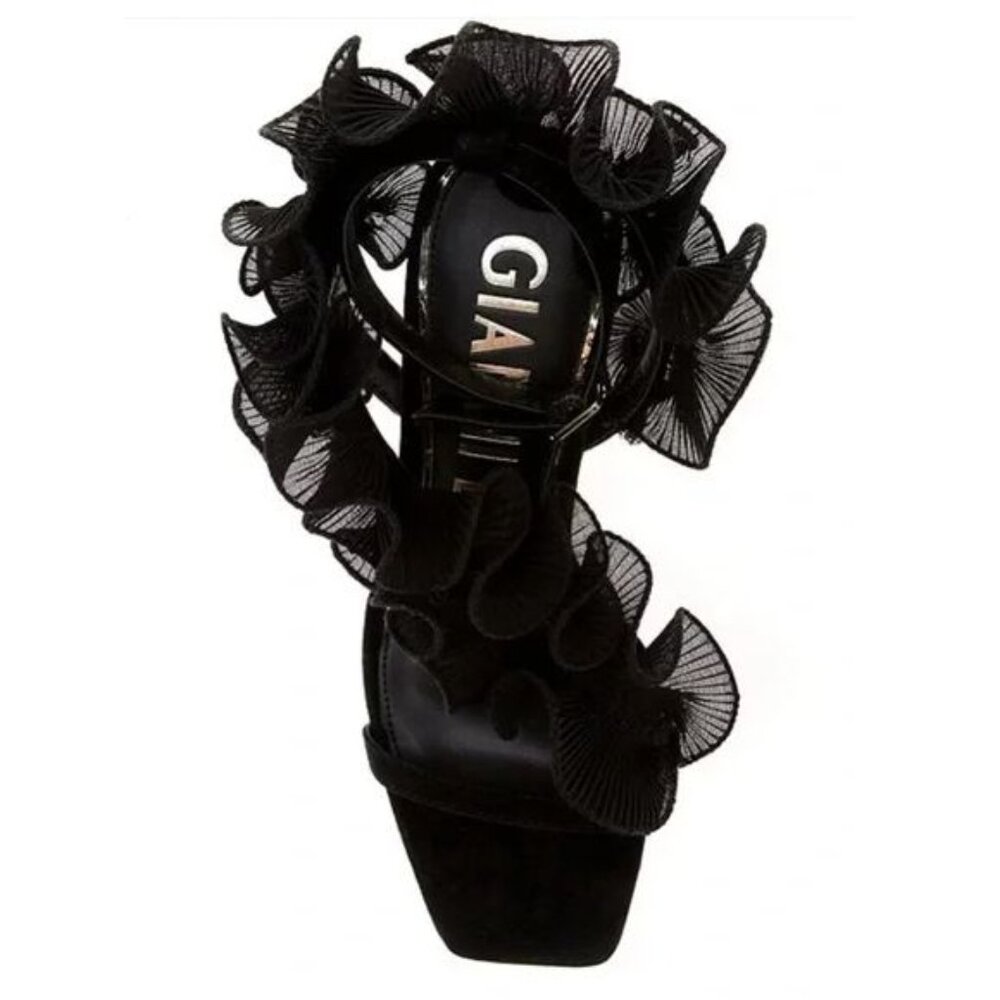 Gianni Bini Franz Sandals High Heels Size 6 Black Suede Chiffon Ruffle NEW - Picture 3 of 15